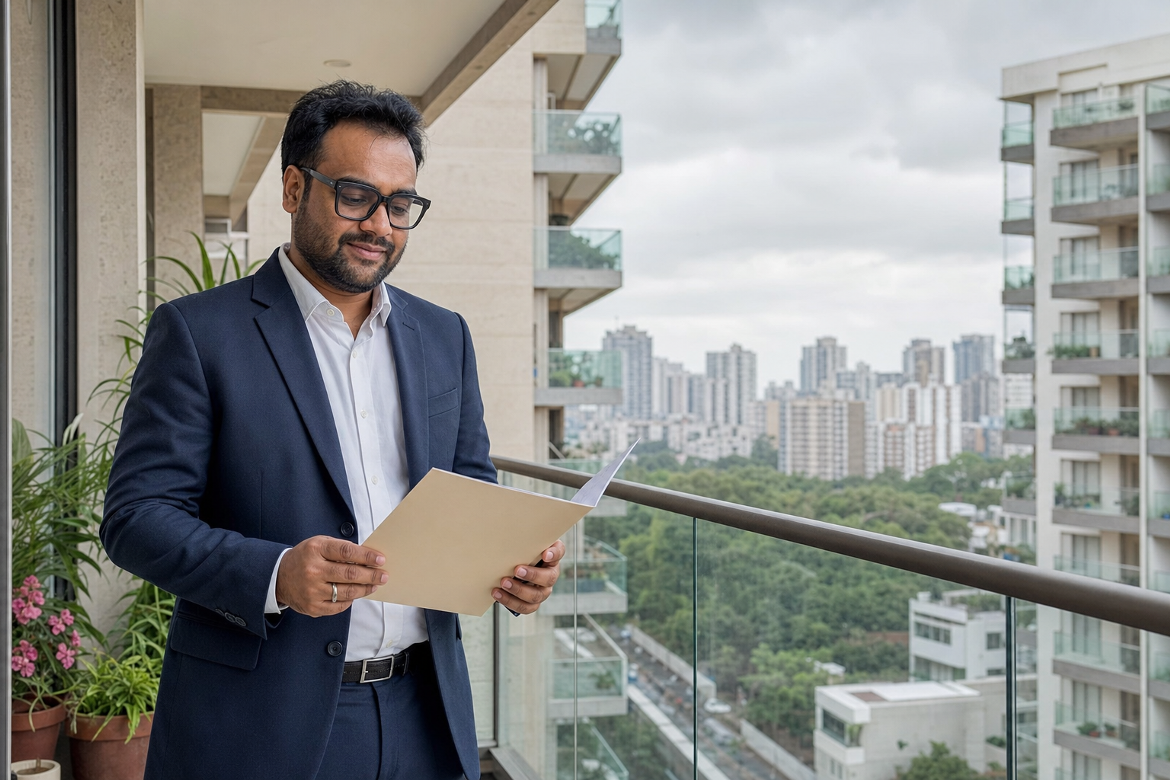 Tirth Inamdar reviewing property documents during a site visit