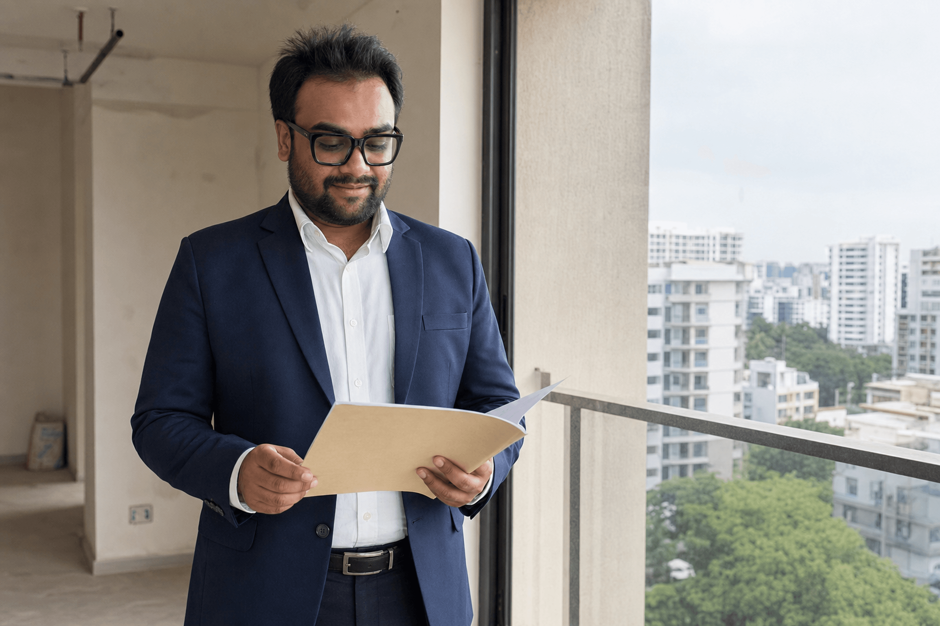 Tirth Inamdar reviewing documents during an Indian property visit