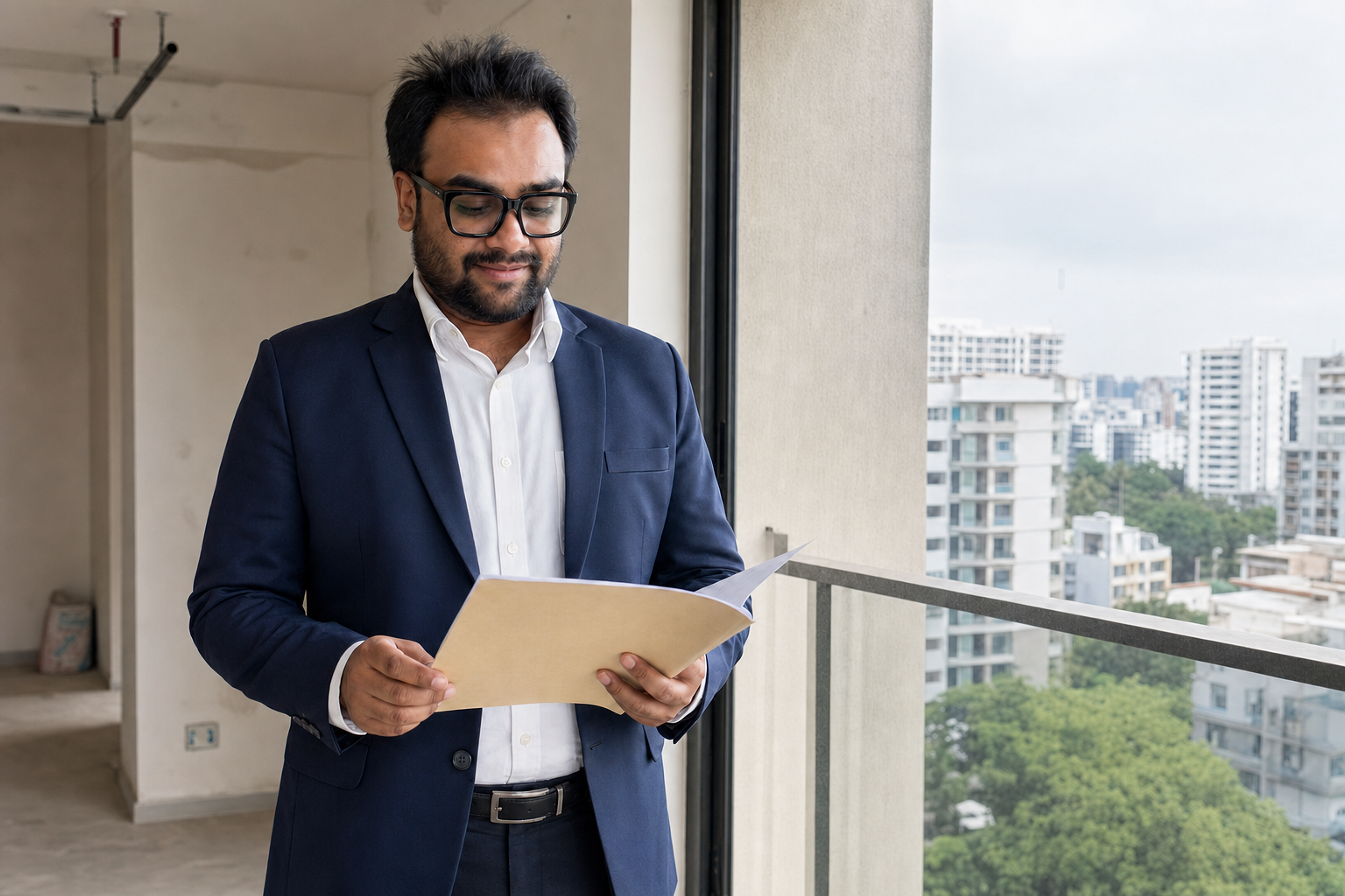 Tirth Inamdar reviewing documents during an Indian property visit